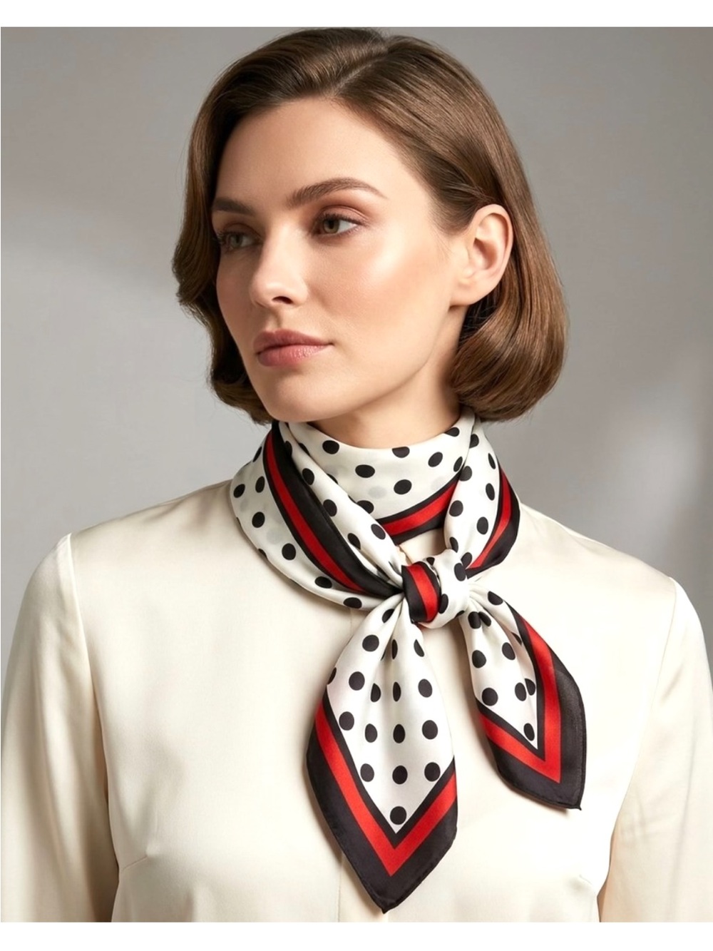 Rue de Rivoli Dotted Neck Scarf Polka Dot Silk with Red & Black Trim